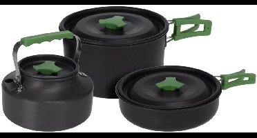 Redcliffs Outdoor Camping pannenset - 3x - aluminium/RVS - zwart/groen - kamperen