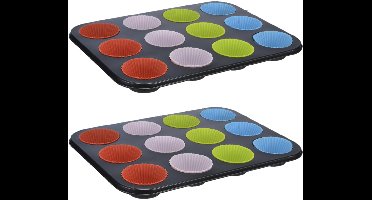 HI Muffin vorm/bakvorm - 2x - zwart - voor 12 muffins - siliconen coating - 35 x 26,5 x 3 cm