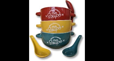 Soepkommen met oor – Set van 3 – 45cl – Keramiek & Steengoed – Kleurrijke Soepkommen – Magnetron & Vaatwasserbestendig