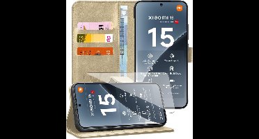 Hoesje geschikt voor Xiaomi 15 - Screenprotector Glas - Portemonnee Book Case Goud