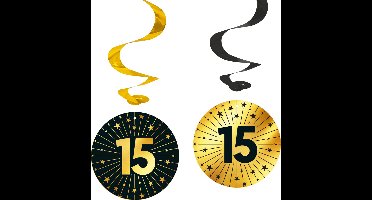 8x Swirls 15 jaar zwart / goud - Golden Celebrations - Verjaardag Feestje Hangdecoratie Versiering Feestdecoratie Decoratie