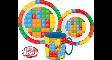 Bricks Kinderserviesset 3-Delig – Bord, Kom en Beker – BPA-Vrij – Kleurrijk Servies voor Kinderen – Bouwstenen Design