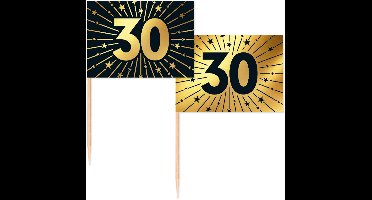 100 Vlagprikkers goud / zwart 30 jaar - Golden Celebrations - Hapjes Cocktailprikkers Tapas Prikkers Feestje