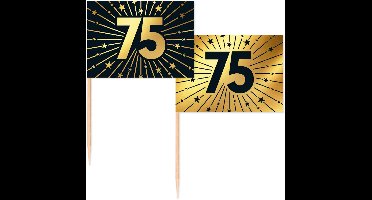 50 Vlagprikkers goud / zwart 75 jaar - Golden Celebrations - Hapjes Cocktailprikkers Tapas Prikkers Feestje