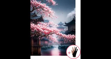 HobbyMania Schilderen Op Nummer Volwassenen - Sakura - Tempel - Bloemen - Inclusief Verf Penselen en Tekenhandschoen - Kleuren Op Nummer - Paint By Number Volwassenen - 40x50 cm