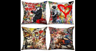 Boraboi® Decoratieve Kussenhoezen Set van 4 met Street Art Design voor Diverse Gebruiken