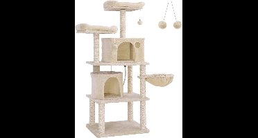 Hoppa! Stevige kattenboom met sisal krabpaaltjes, pluche zitjes, mand en huisjes - beige - 46 x 55 x 153 cm (L x B x H)