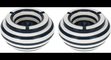Excellent Houseware Stormasbak gestreept - 2x - Donkergrijs/wit - Dia 14 cm - keramiek