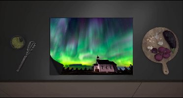 Inductieplaat Beschermer - Noorderlicht boven Kleine Woning in Canada - 70x52 cm - 2 mm Dik - Inductie Beschermer met zwarte kern