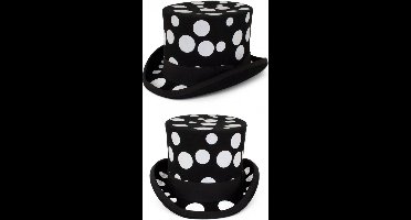 Hoge hoed wolvilt zwart met witte bollen maat 57 - carnaval zwart wit optocht thema feest black and white