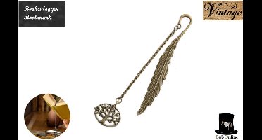 Bob Online ™ - 1 Stuk – Bronzen Kleurig – Vintage Metaal Veer Bladwijzer met Tree of Life Hangertje – Vintage Veer Boekenlegger met Boom Hanger – Metaal Veer Boekenlegger – 1 Piece – Bronze Color – Vintage Feather Bookmark with Tree of Life Pendant