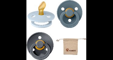 Bibs Dental fopspenen Anatomical 6-18 maanden- Set 3 stuks- Baby Blue, Petrol, Iron - + Monkiezz speenzakje - orthodontisch- Anatomisch- Maat 2