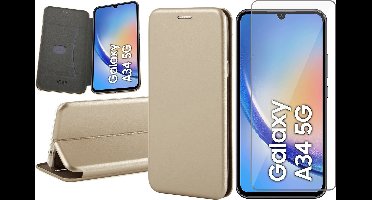Hoesje geschikt voor Samsung Galaxy A34 - Screen Protector GlassGuard - Book Case Kunstleer ThinShield Goud & Screenprotector