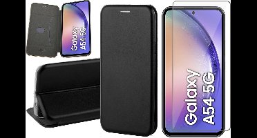 Hoesje geschikt voor Samsung Galaxy A54 - Screen Protector GlassGuard - Book Case Kunstleer ThinShield Zwart & Screenprotector