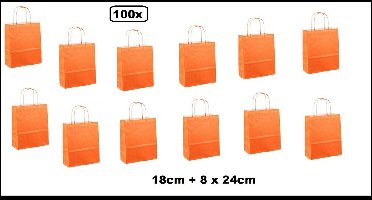100x Papieren koordtas oranje 18x8x22cm - goodiebag|papieren|draagtas|tas|koord|festival|kado|themafeest|party|geschenken