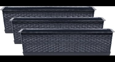 Prosperplast Ratolla plantenbak/bloembak - Set van 3x stuks - antraciet - 12L - 70 x 17 x 15 cm - Met opvangschotel