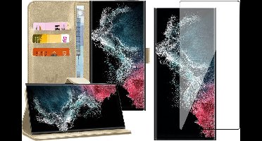 Hoesje geschikt voor Samsung Galaxy S22 Ultra - Book Case Kunstleer Wallet Cover Portemonnee Pasjeshouder Hoes Goud - Full Tempered Glass Screenprotector
