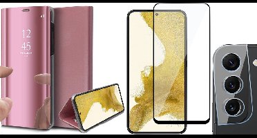Hoesje geschikt voor Samsung Galaxy S22 Plus - Book Case Spiegel Wallet Cover Hoes Roségoud - Full Tempered Glass Screenprotector - Camera Lens Protector