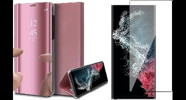 Hoesje geschikt voor Samsung Galaxy S22 Ultra - Book Case Spiegel Wallet Cover Hoes Roségoud - Full Tempered Glass Screenprotector