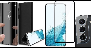Hoesje geschikt voor Samsung Galaxy S22 - Book Case Spiegel Wallet Cover Hoes Zwart - Full Tempered Glass Screenprotector - Camera Lens Protector