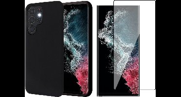 Hoesje geschikt voor Samsung Galaxy S22 Ultra - Matte Back Cover Microvezel Siliconen Case Hoes Zwart - PET Glasfolie Screenprotector