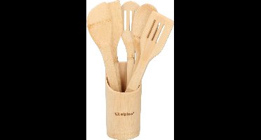 Keukengerei 5-delig 30 cm in houder naturel van bamboe - Pollepels - Spatels - Keukenspatels