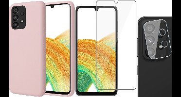 Hoesje geschikt voor Samsung Galaxy A33 - Matte Back Cover Microvezel Siliconen Case Hoes Roze - Tempered Glass Screenprotector - Camera Lens Protector