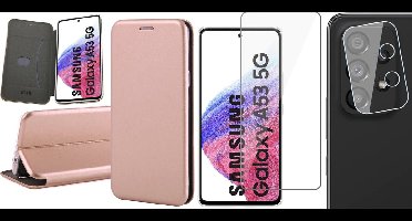 Hoesje geschikt voor Samsung Galaxy A53 - Book Case Kunstlederen Wallet Cover Minimalistisch Pasjeshouder Hoes Roségoud - Tempered Glass Screenprotector - Camera Lens Protector