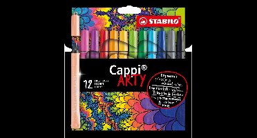 STABILO Cappi - Viltstift - Nooit Meer Je Dop Kwijt Dankzij De Dopring - ARTY Etui Met 12 Kleuren + 1 Dopring
