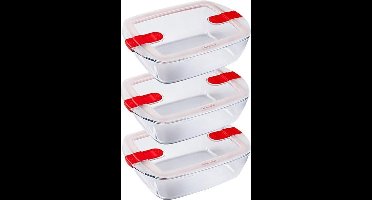 Pyrex - Cook & Heat Schaal 1,1 liter Rechthoek Set van 3 Stuks - Transparant/Rood