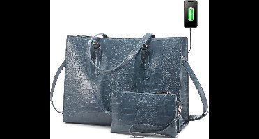 Lubellie® Crolina Tweedelige elegante Dames Handtassen set met een USB-oplaad poort - Dames laptoptas - Schoudertas - Een laptopvak voor 15,6 inch Laptops - Met gratis clutch - Blauw