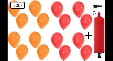 200x Ballonnen rood en oranje + ballonpomp - Ballon carnaval festival feest party verjaardag landen helium lucht thema