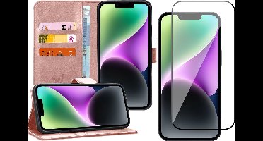 Hoesje geschikt voor iPhone 14 Plus - Book Case Kunstleer Wallet Cover Portemonnee Pasjeshouder Hoes Roségoud - Full Tempered Glass Screenprotector