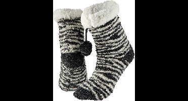 Apollo Huissokken/slofsokken + zebra print - zwart - dames - anti-slip - fleece - one size - 36/41