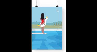 Artprint Duikplank - A3 formaat - duiker illustratie | Meisje staat klaar om in het zwembad te springen met haar opblaasbare eenhoorn zwemband