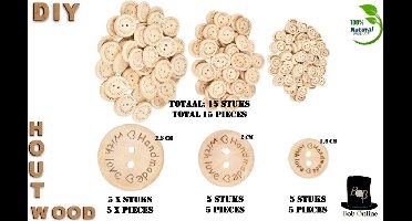 Bob Online ™ - 15 Stuks Mixed Setje – 5 x 2,5cm + 5 x 2 cm + 5 x 1,5 c m - Handmade with Love Ronde Houten Knopen met 2 Gaatjes – Houten Knoop – Voor Naaien – Hobby – DIY ‘Handmade with Love’ Wooden Buttons for Sewing & DIY Craft Projects