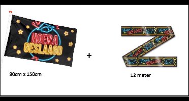 1x Vlag Geslaagd neon 90cm x 150 cm + 1x Afzetlint Neon 12 meter - Diploma geslaagd thema feest party afgestudeerd