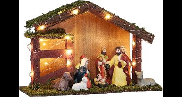 HI Verlichte kerststal - porselein/mos/hout - 30 x 10 x 20 cm - incl. 9 beeldjes/figuren