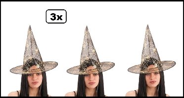 3x Heksenhoed Spinnenweb goud transparant - Dames Kids Halloween griezel heks hoed creepy horror