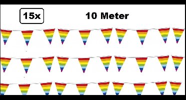 15x Vlaggenlijn Regenboog 10 meter - Kleur pride fun zomers thema feest vrolijk verjaardag festival