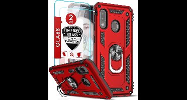 Hoesje Geschikt Voor Samsung Galaxy A20E Hoesje kickstand Armor case Rood Met screenprotector 2 pack