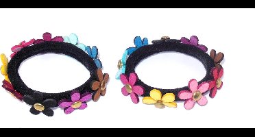 Elastiek zwart met gekleurde bloemen + punten brons