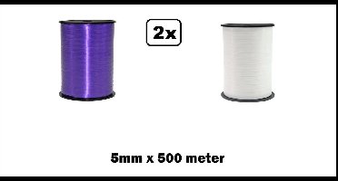 2x Krullint paars en wit 5mm x 500meter - krul lint kerst thema feest decoratie kado kado gold verjaardag