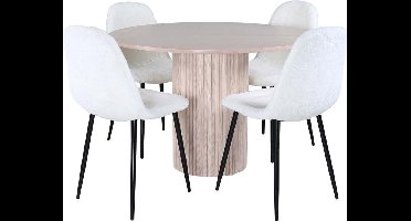 Bianca eethoek tafel whitewash en 4 Polar stoelen wit.