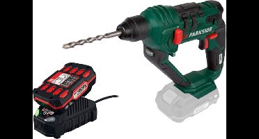 PARKSIDE® Accu-boorhamer 20V - Toerental: 0-900 tpm - Slagfrequentie: 0-5000 spm - Inclusief accu, lader, 3x SDS-Plus-boren (6/8/10 x 150 mm), 3x HSS-boorbits (5/6/8 mm), 8x bits (50 mm), 1x bitverlenging, 1x bitadapter en 1x 50 g vet