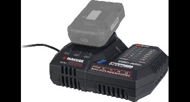 PARKSIDE PERFORMANCE® Smart accu oplader 20V - Nominaal opgenomen vermogen: 300 W - Laadstroom: max. 12 A - Oplaadtijd: 2 Ah • 35 min / 3 Ah • 38 min / 4 Ah • 42 min / 8 Ah • 48 min - Lengte netsnoer: 1,5 m