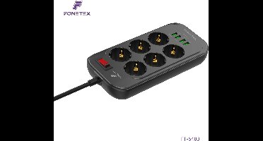 FoneTex Stekkerdoos - Contactloos - Aan/Uit schakelaar - 4 Poorten USB ingangen - 2M snoer - Zwart 2500w