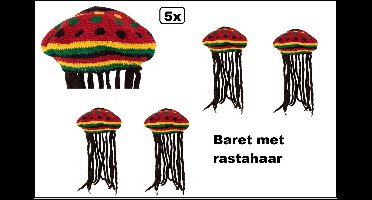 5x Baret met rastahaar - Bob Marley - Festival thema feest carnaval optocht fun happy funk