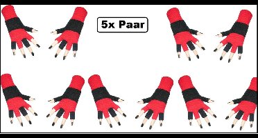 5x Paar handschoenen vingerloos zwart/rood - Feest festival thema feest party optocht themafeest