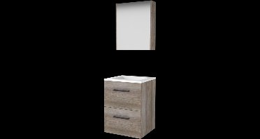 Basic Comfort 46 badmeubelset met spiegelkast, wastafelonderkast met grepen, 2 lades en acryl wastafel zonder kraangaten 50 x 46 cm, scotch oak